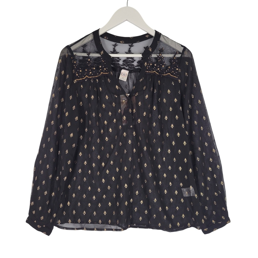 Bila Lace Sheer Blouse Women Medium Black Gold Fleur-de-lis Beaded‎ Embroidered